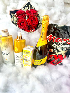 Valentine Brightening Set : Olay & Garnier Skincare + Prosecco +Chocolate +Roses