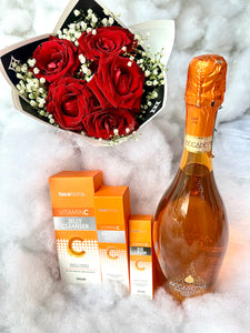 Valentine Brightening Set : Face Facts Skincare + Prosecco + Roses