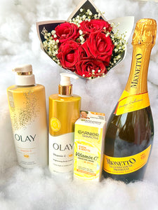 Valentine Brightening Set : Olay & Garnier Skincare + Prosecco +Roses